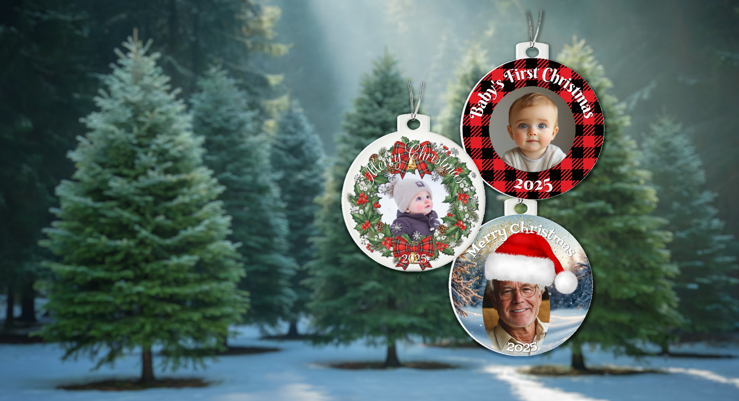 Personalized Christmas ornaments with photos against a snowy tree background