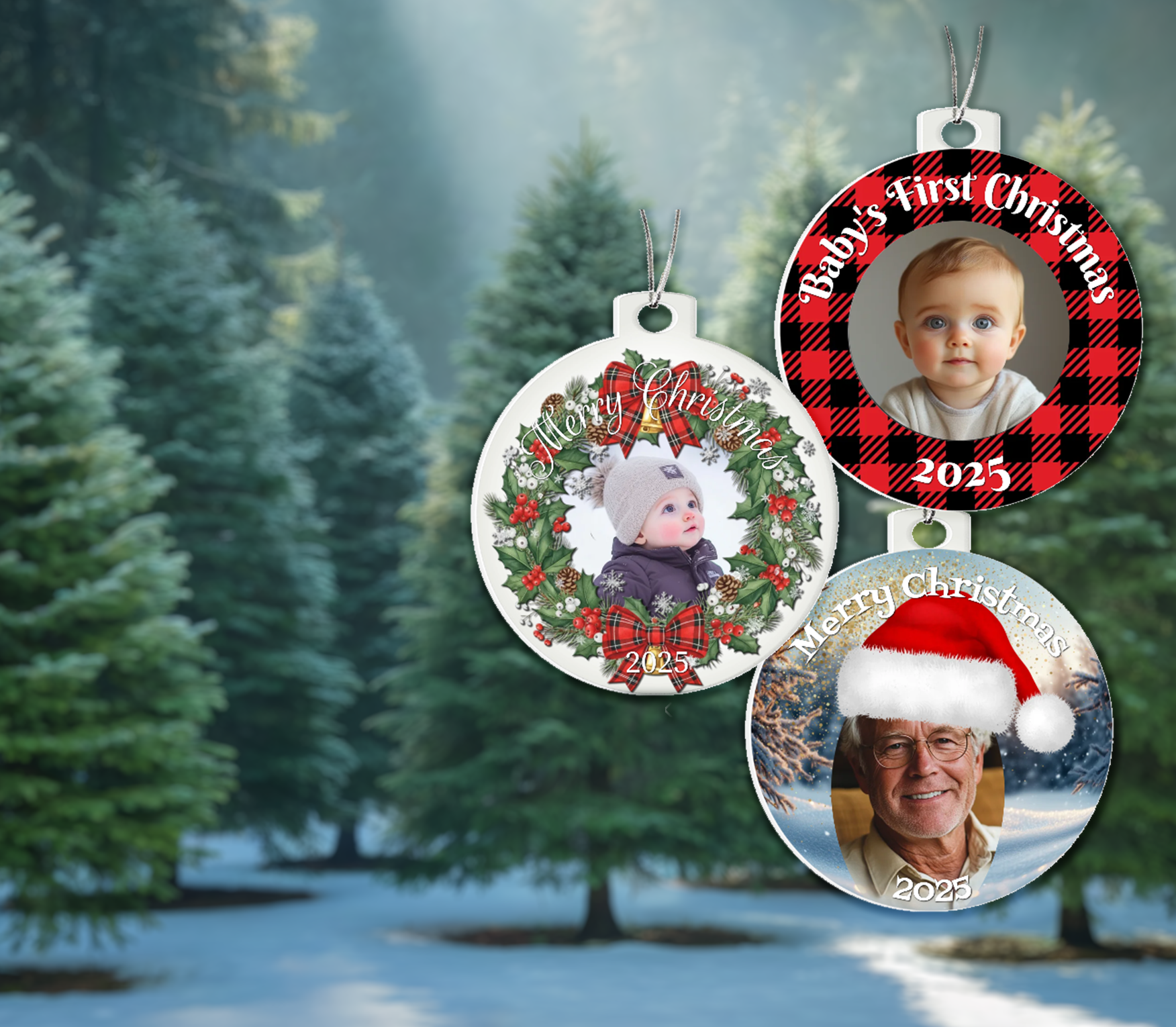 Three Christmas ornaments with photos of a baby and a man, set against a snowy forest background.