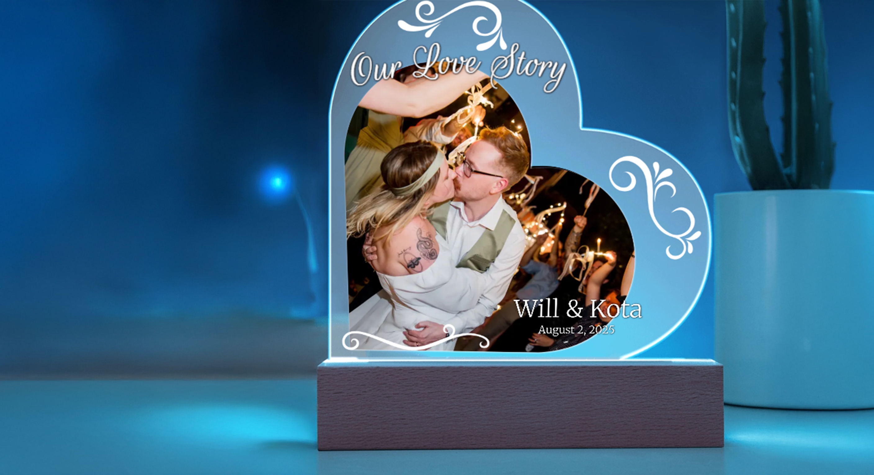 Personalized photo frame with 'Our Love Story' text and couple's photo on a blue background