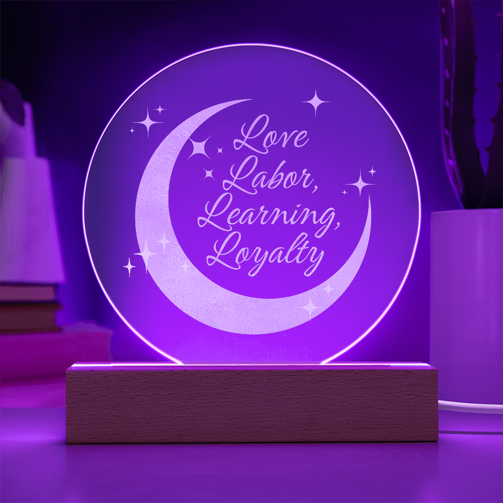 Love, Labor, Learning, Loyalty Sorority Moon Night Light - Flourish Love Shop