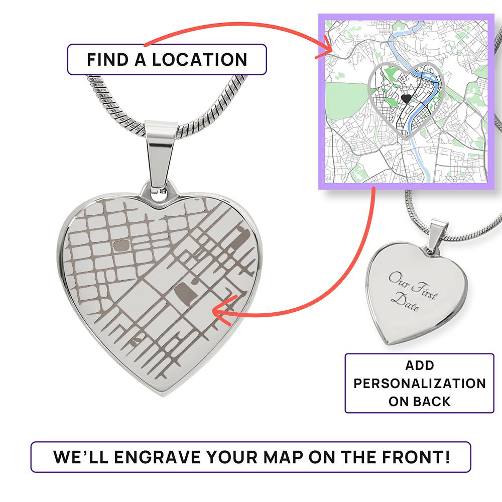 Your Love, Etched in Place – Personalized Map Heart Necklace