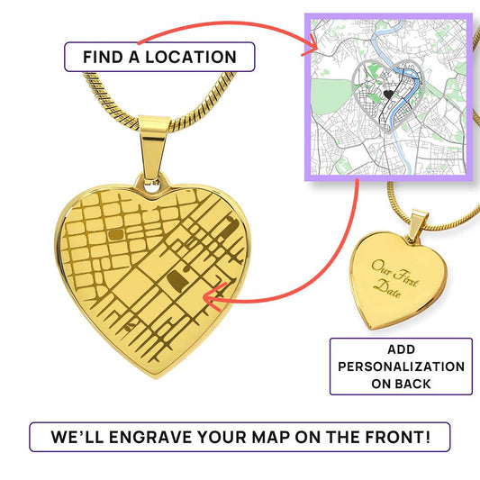Your Love, Etched in Place – Personalized Map Heart Necklace