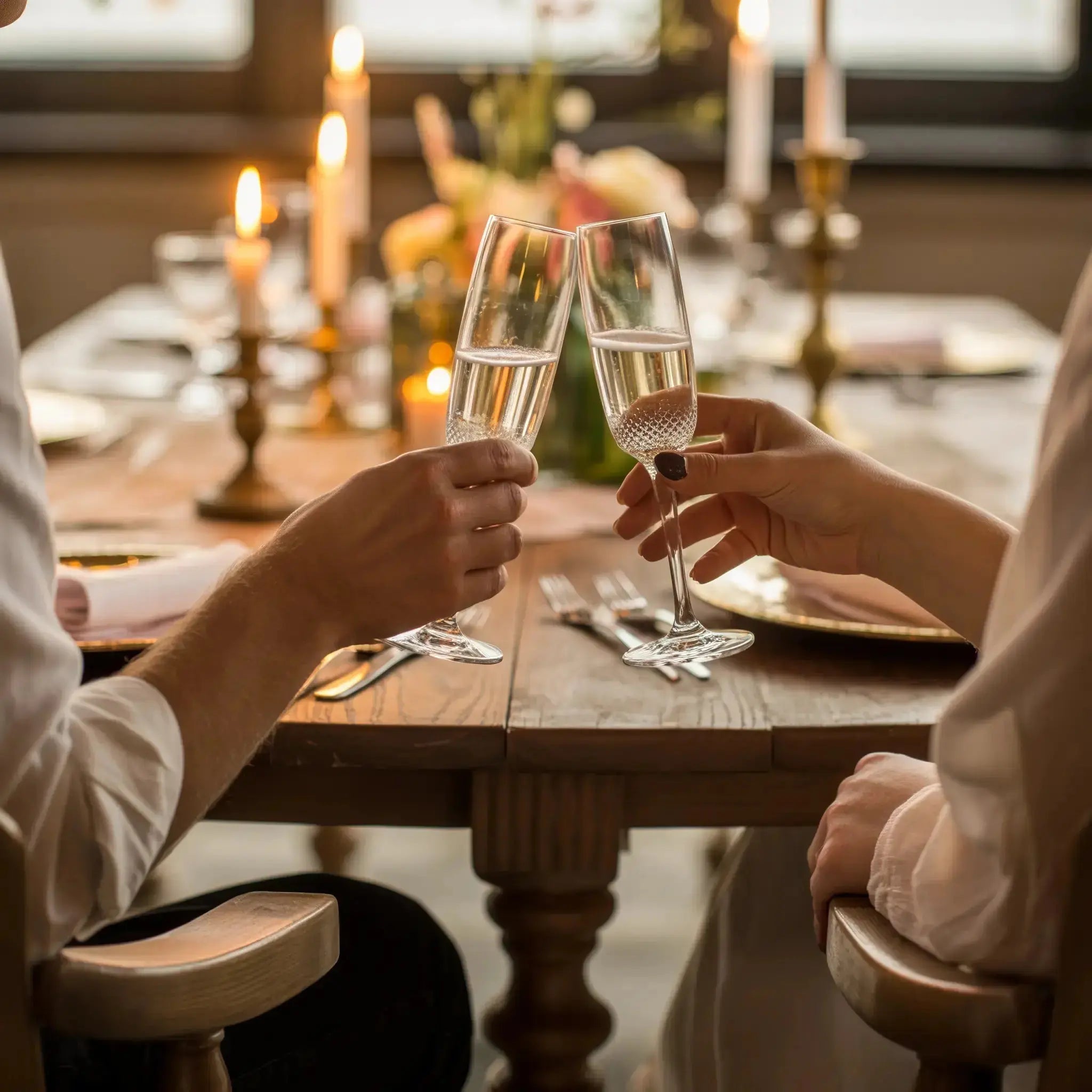 Couple toasting champagne at a romantic anniversary dinner with candles and flowers.