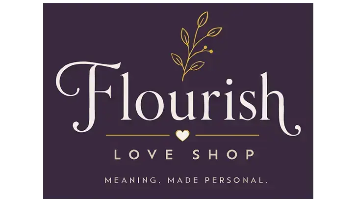 Flourish Love Shop logo: elegant white script, gold botanical illustration, and a small heart on a deep purple background.