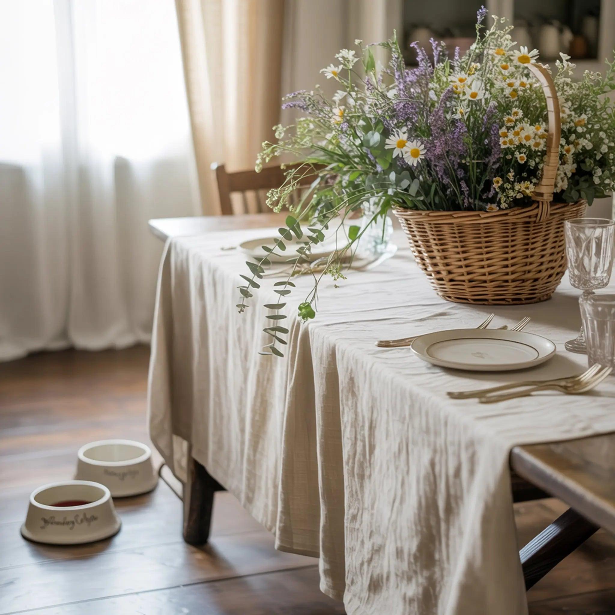 Cozy dining table with a linen tablecloth, wicker basket of wildflowers, and pet bowls on a wooden floor.
