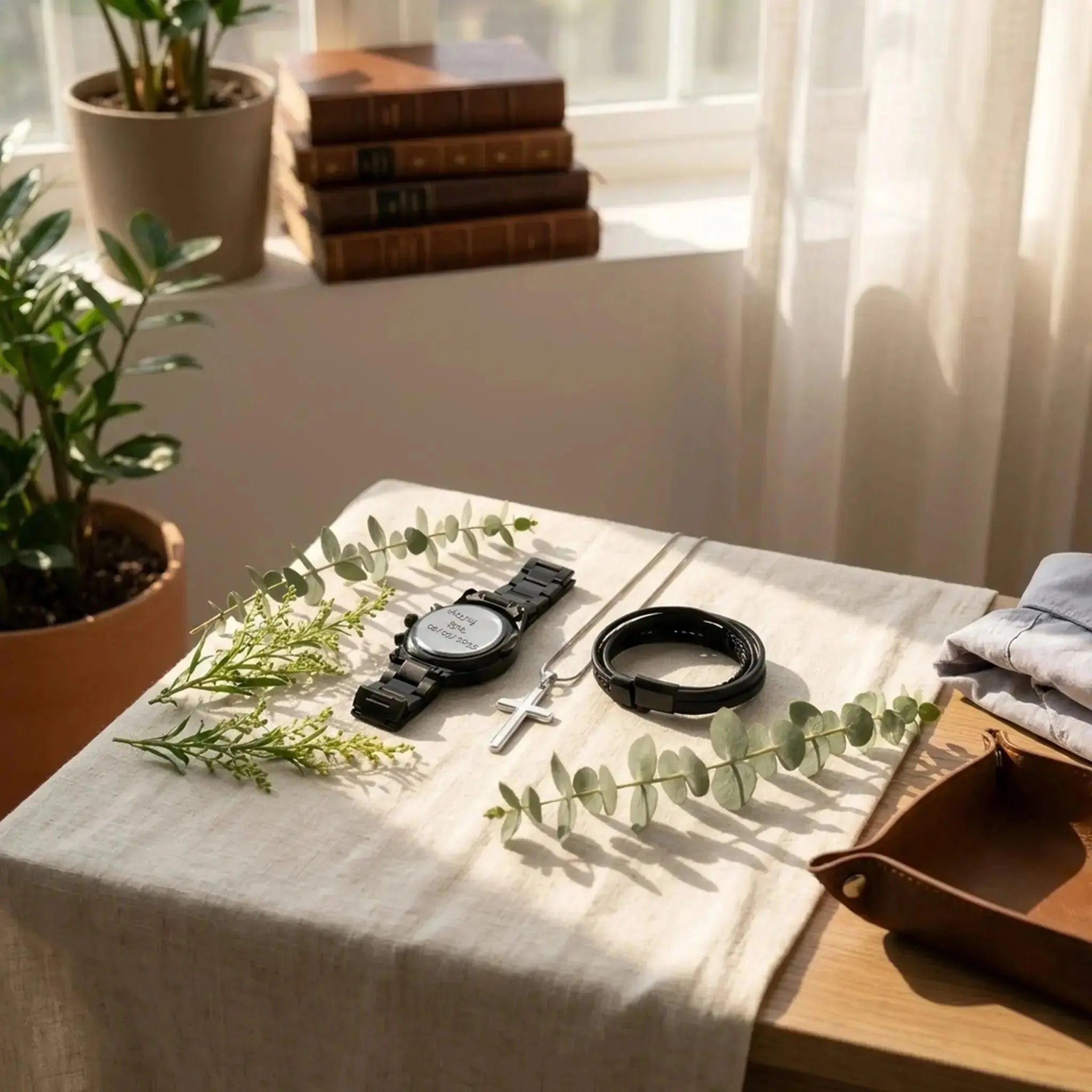 Men's black watch, silver cross necklace, and leather bracelet on a linen cloth with greenery.