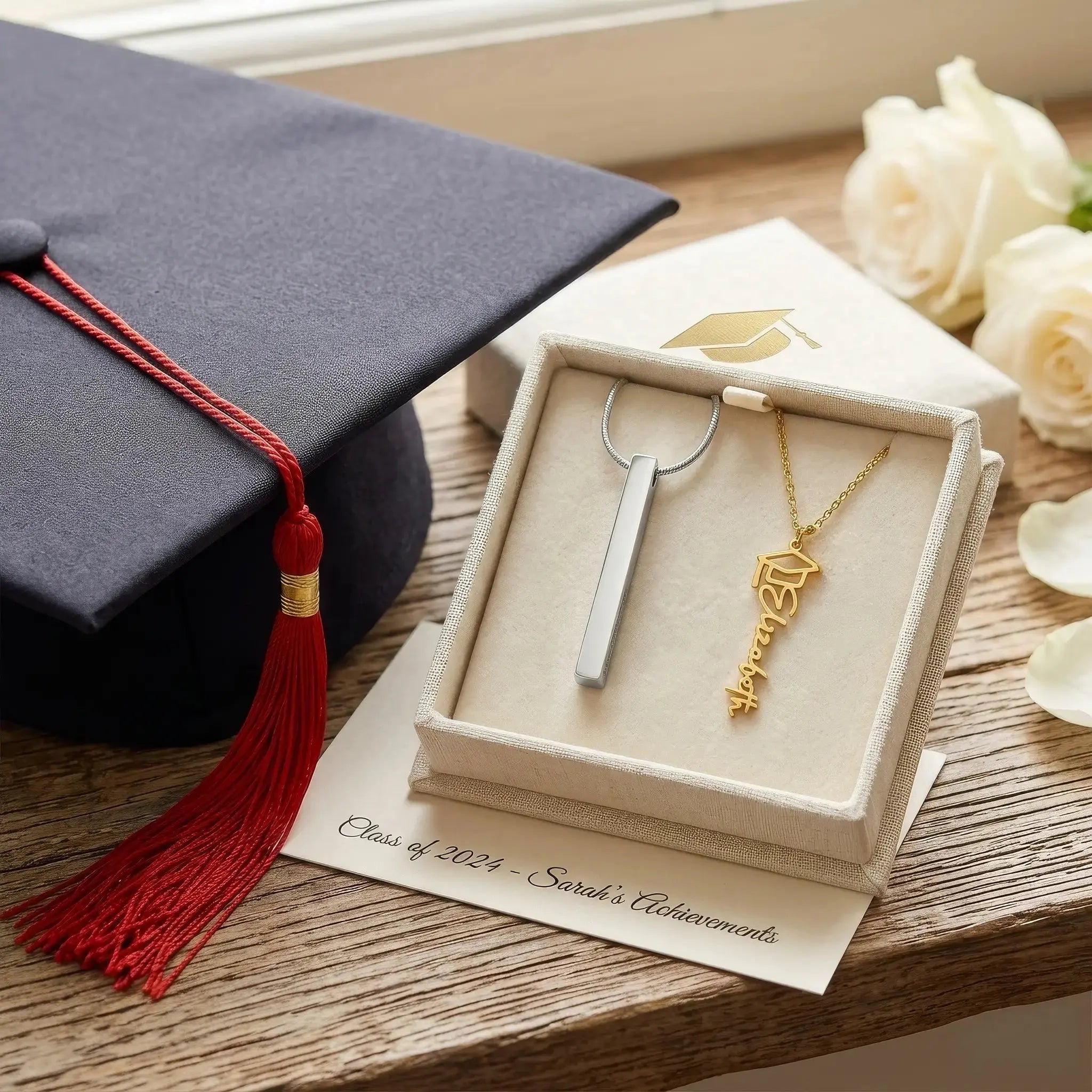 graduation gifts personalized jewelry and keepsake gift box with graduation cap in soft natural light