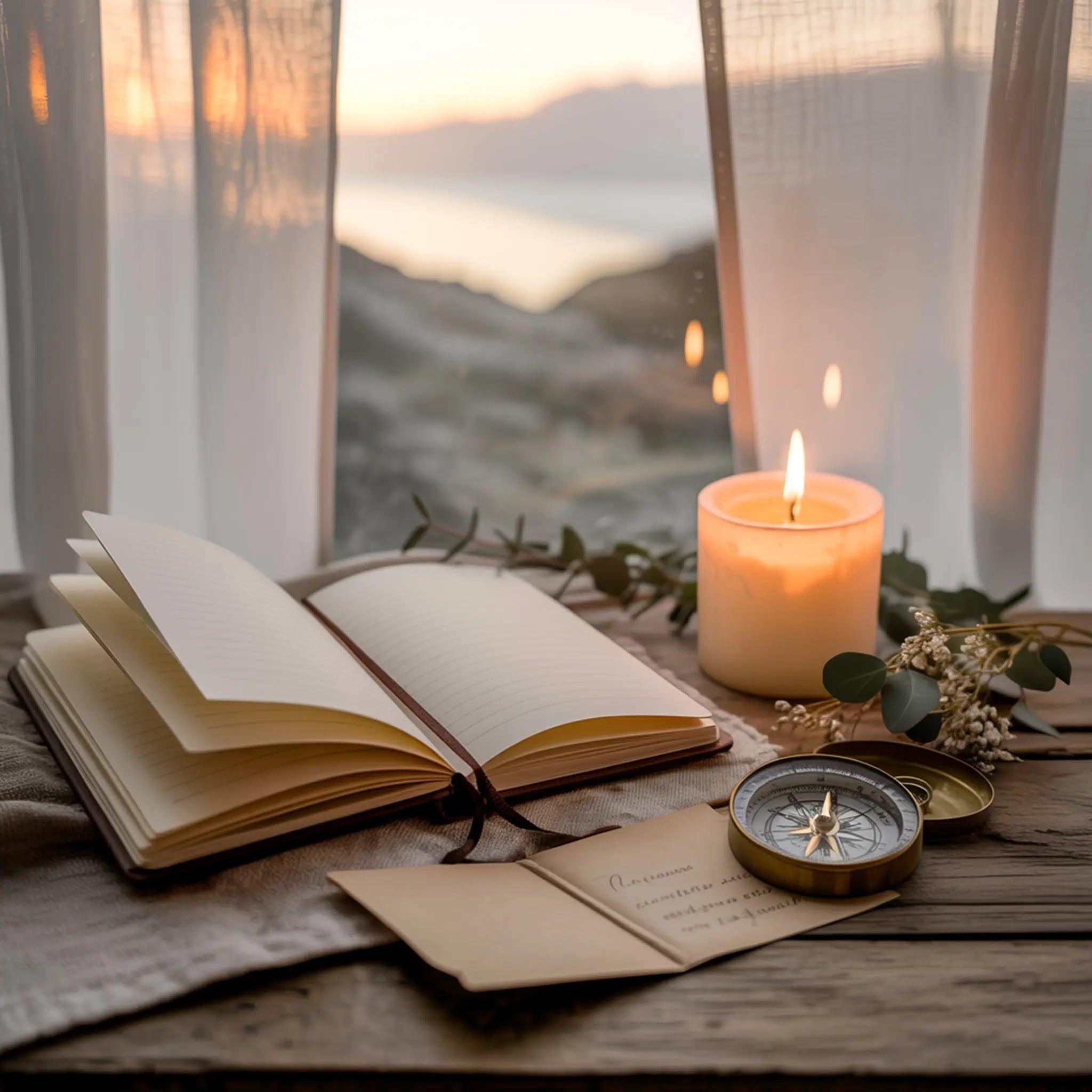 Soft inspiration and strength gift collection image with candle, journal, greenery, and warm natural light