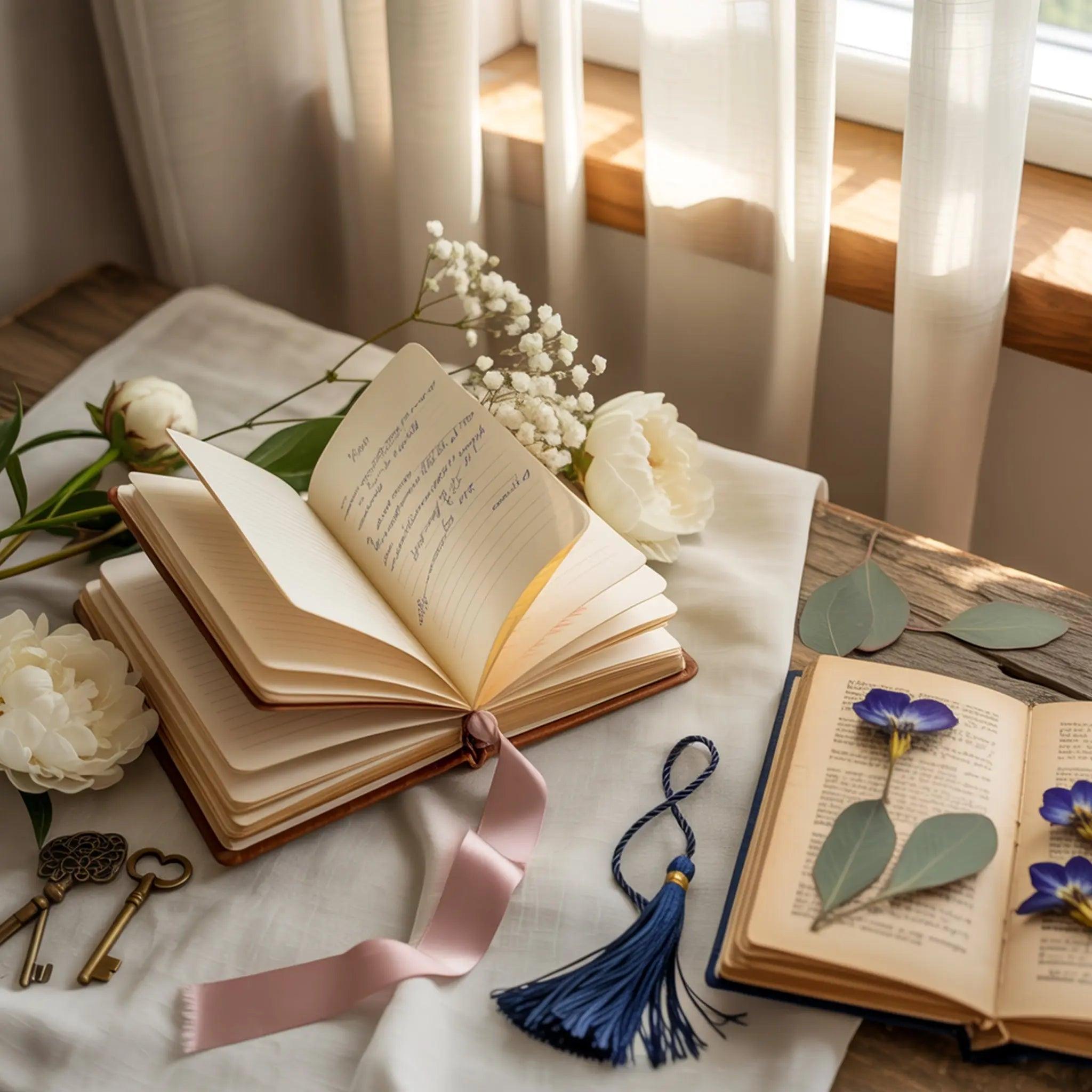 Soft Life Moments gift collection image with open journal, delicate flowers, and warm natural light