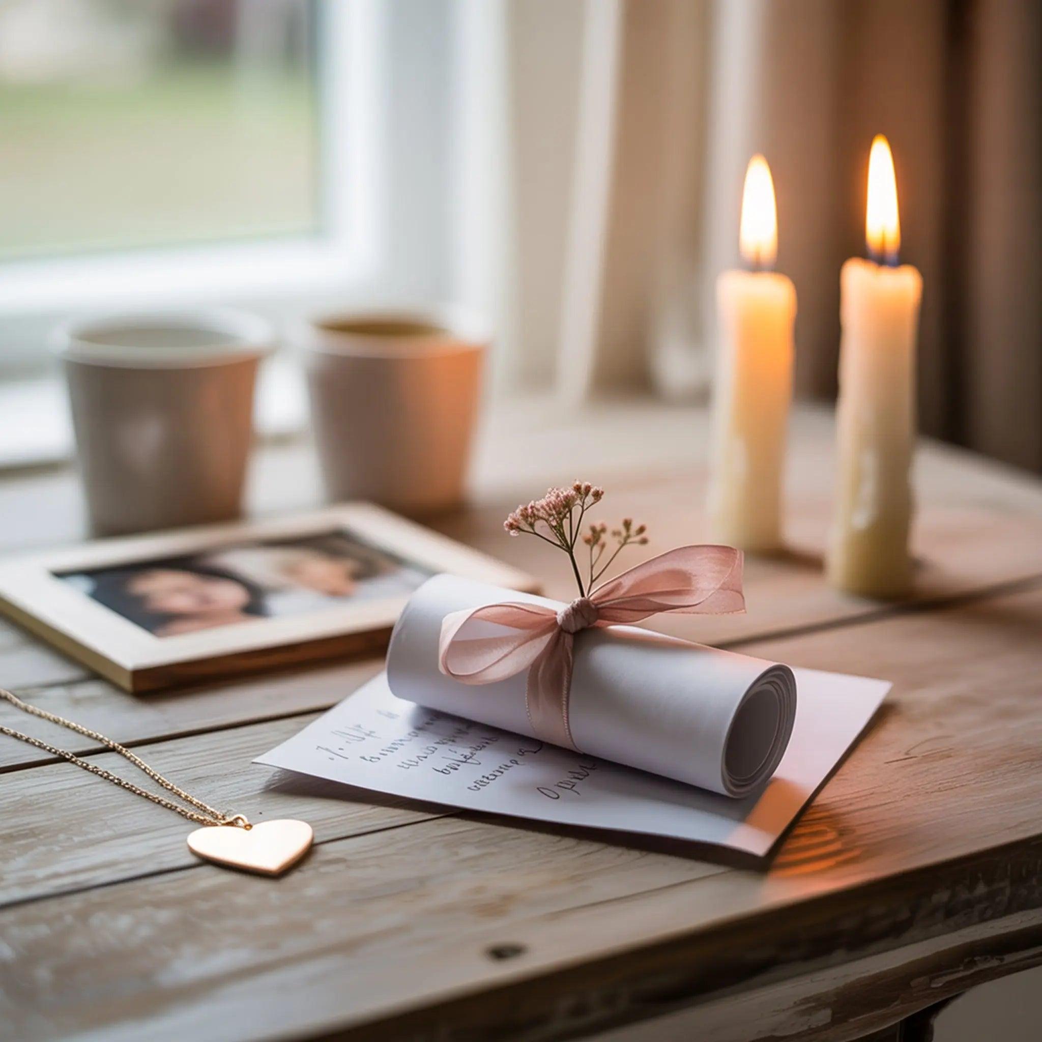 Soft Love Stories gift collection image with handwritten letter, gold heart necklace, blush rose silk ribbon, and warm natural light