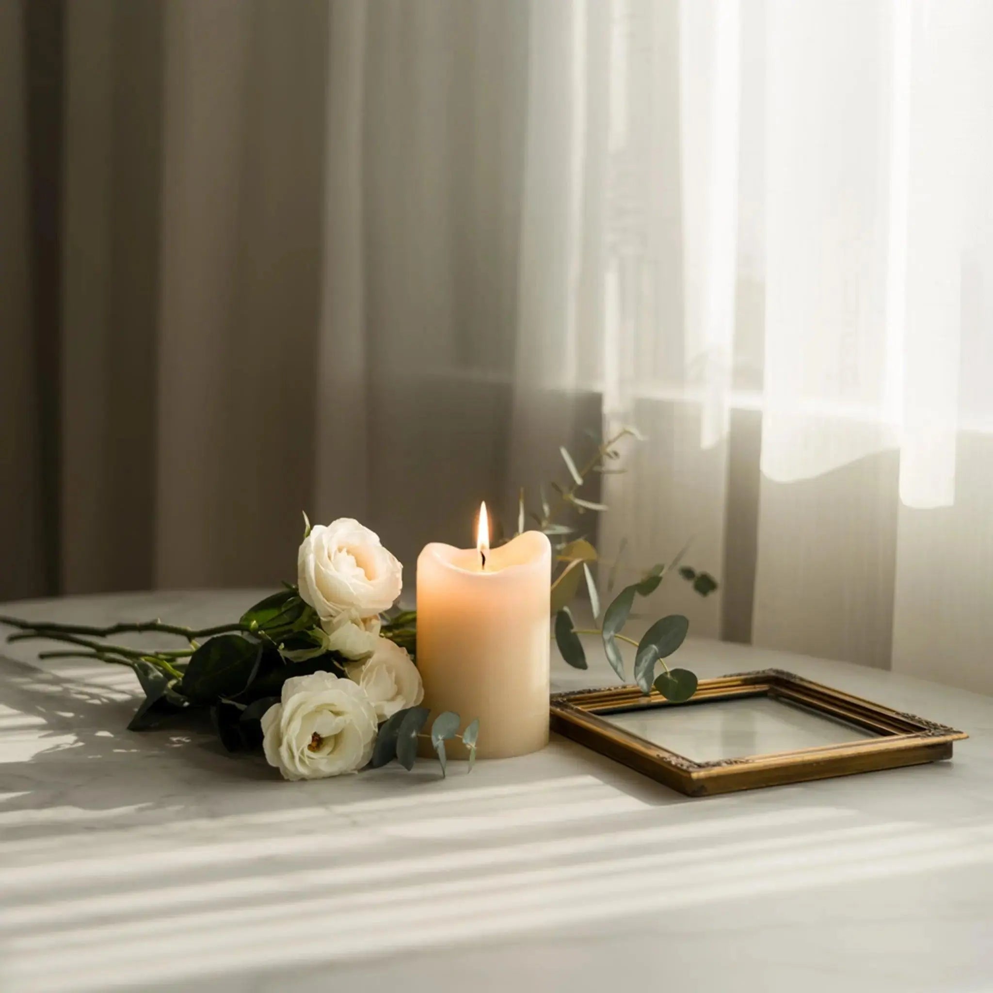 Lit candle, white roses, eucalyptus, and an empty gold frame on a marble surface, evoking remembrance.