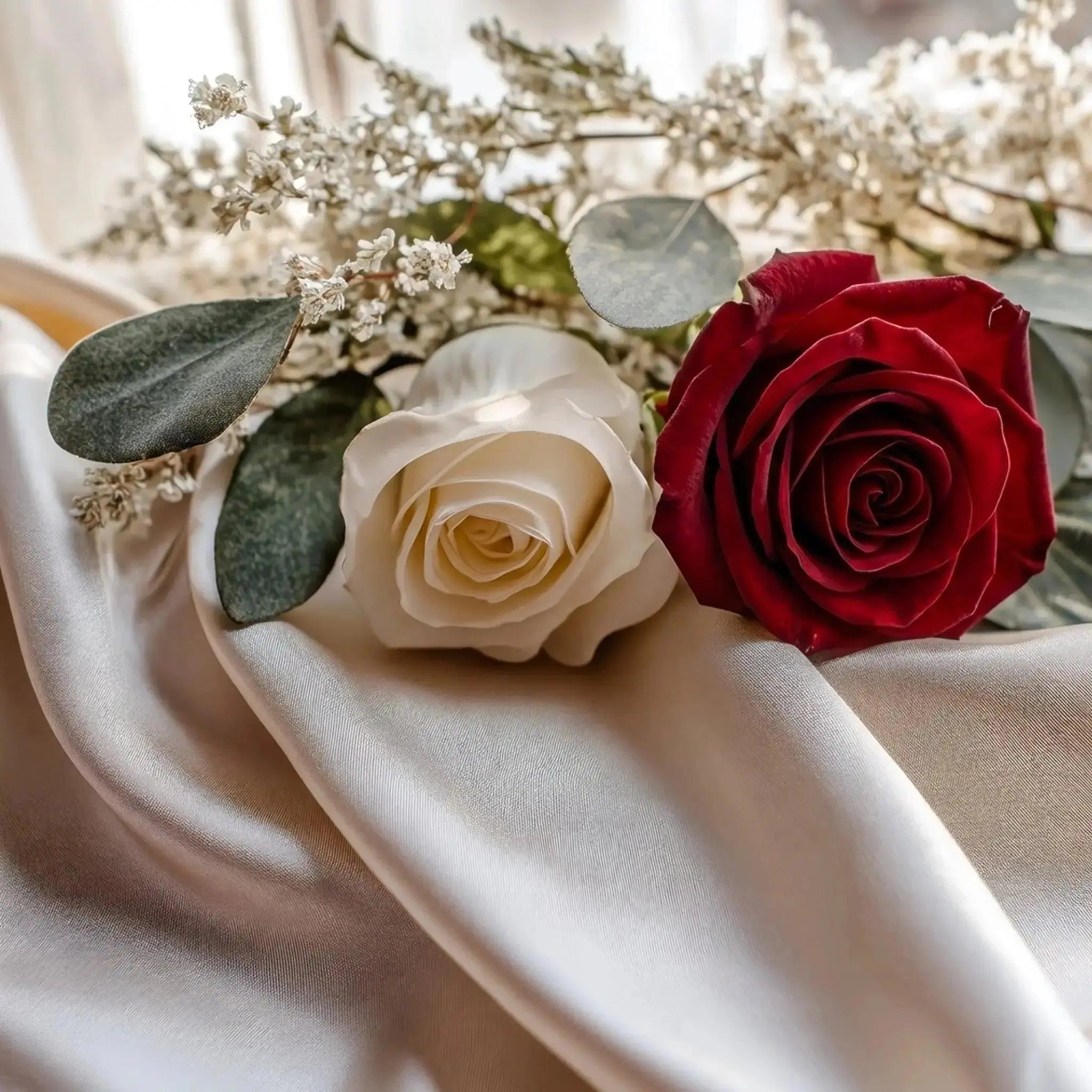 Elegant red and white roses with eucalyptus and baby's breath on luxurious champagne silk, perfect for Mother's Day.