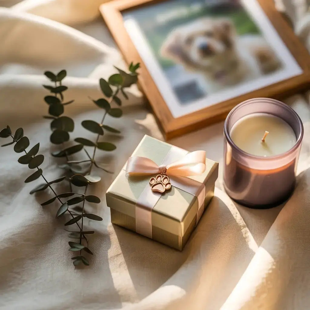 Pet memorial gifts with a keepsake box, paw print charm, candle, and comforting remembrance details.