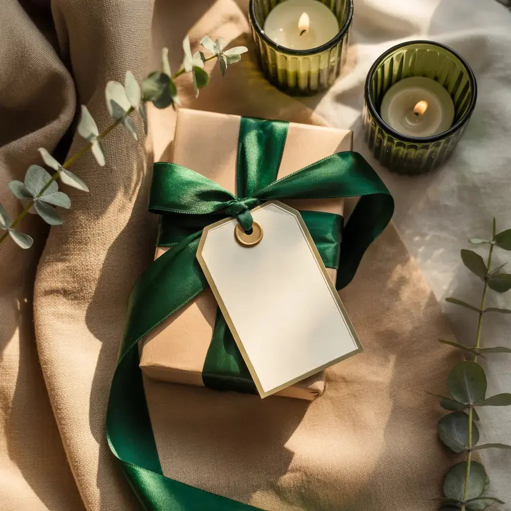 St Patrick’s Day gifts with a wrapped keepsake gift, green ribbon, clover accents, and gold details.
