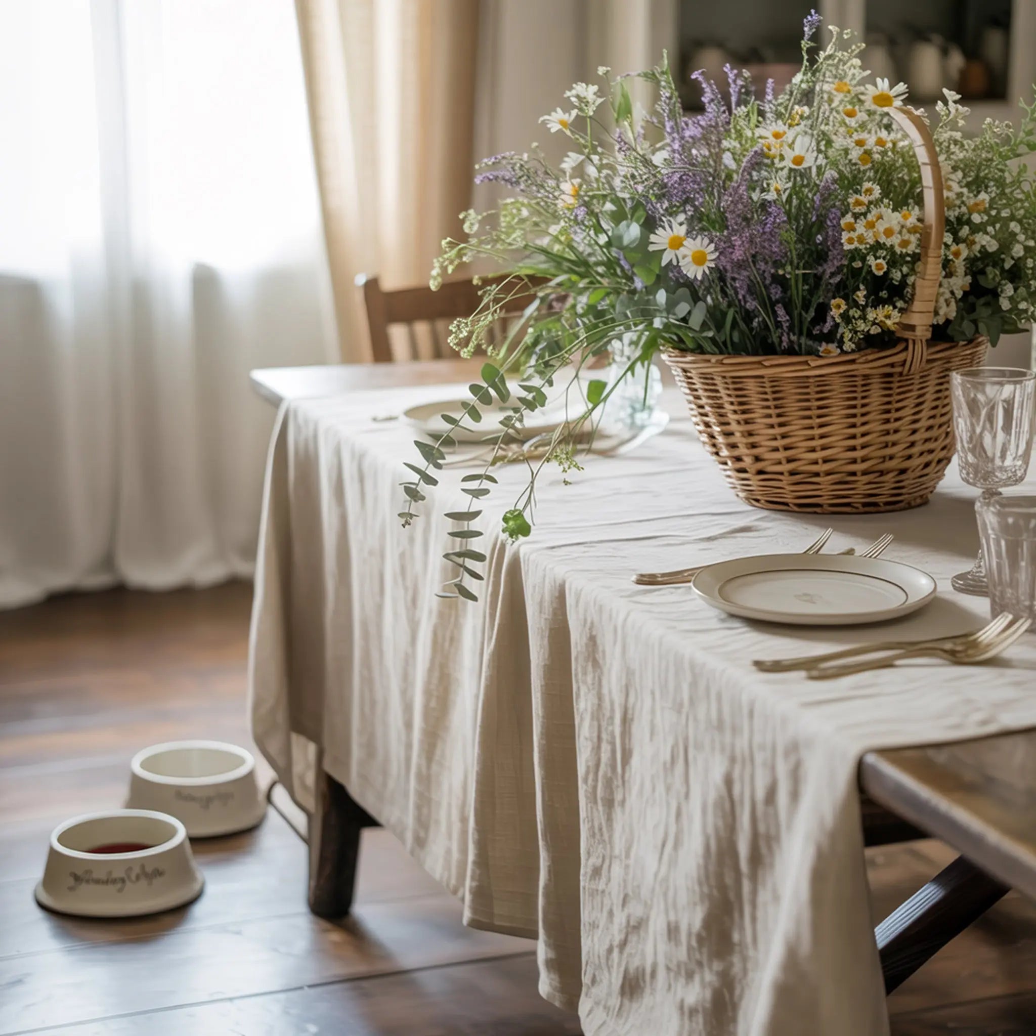 Cozy dining table with a linen tablecloth, wicker basket of wildflowers, and pet bowls on a wooden floor.
