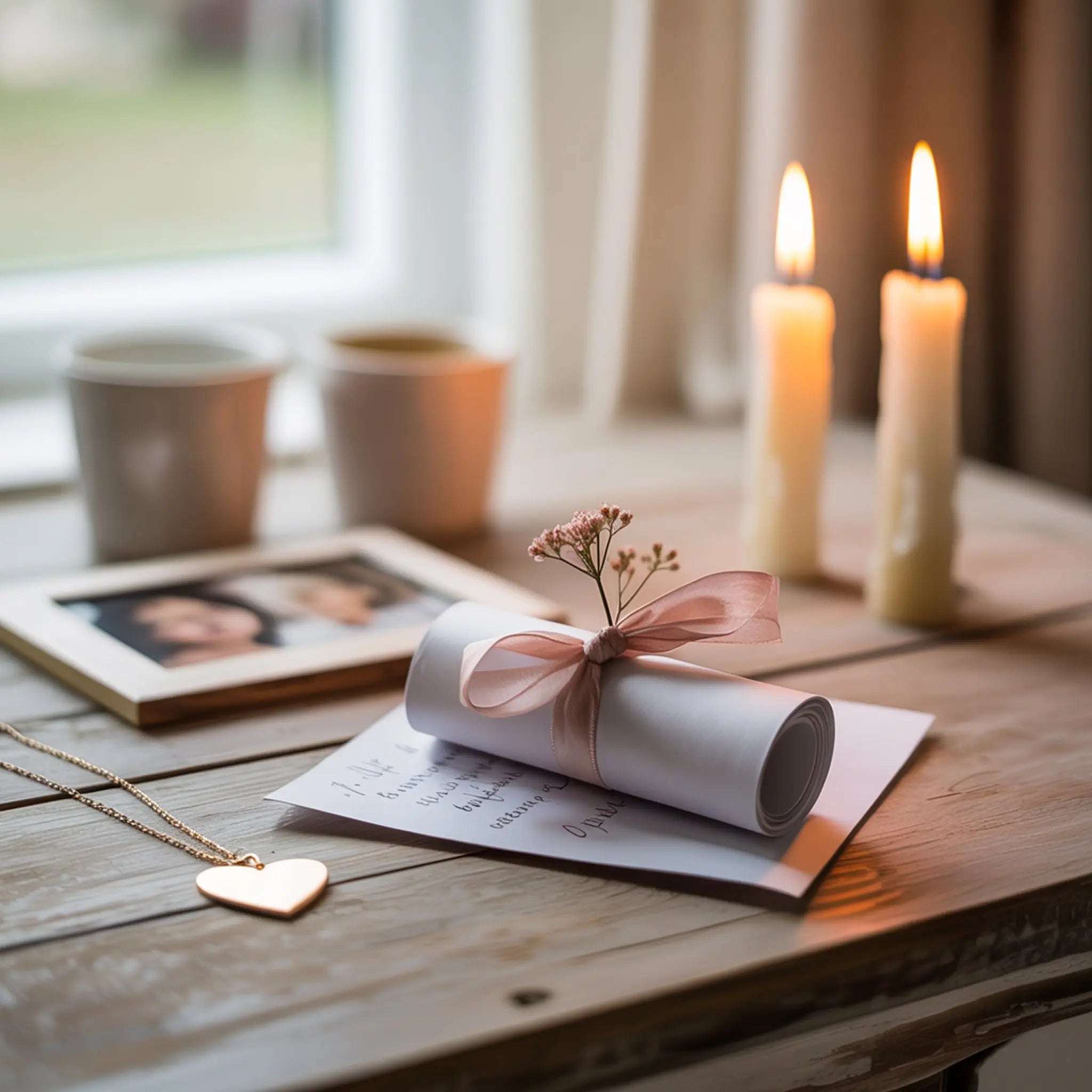 Soft Love Stories gift collection image with handwritten letter, gold heart necklace, blush rose silk ribbon, and warm natural light