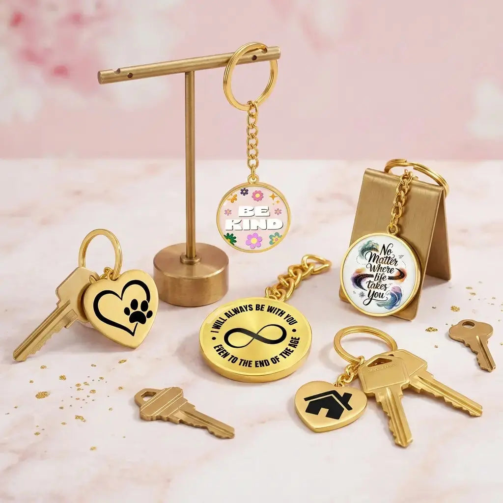 A collection of five gold keychains with different pendant designs—including a heart with a paw print, a house icon, an infinity symbol, and inspirational quotes—displayed elegantly on a pink marble surface with gold display stands and loose keys.