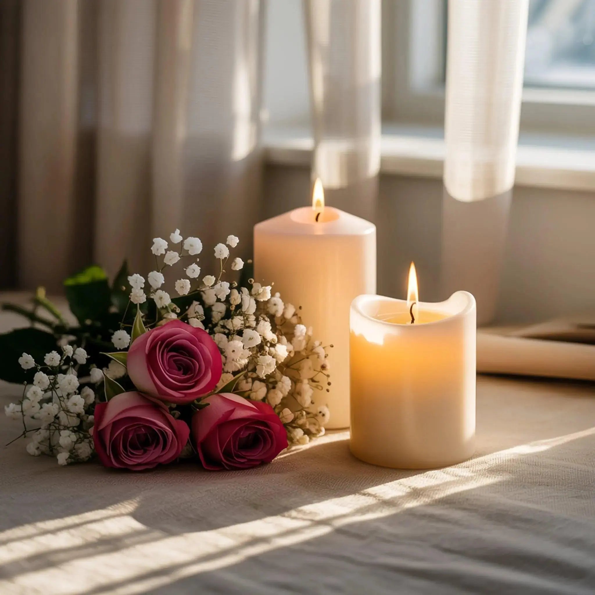 Softly lit Valentine's Day scene with pink roses, delicate baby's breath, and two glowing cream candles.
