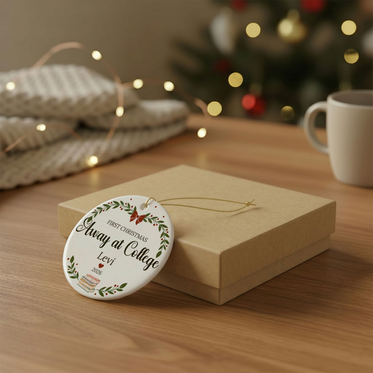 First Christmas Away at College Ceramic Ornament — Personalized Name & Year
