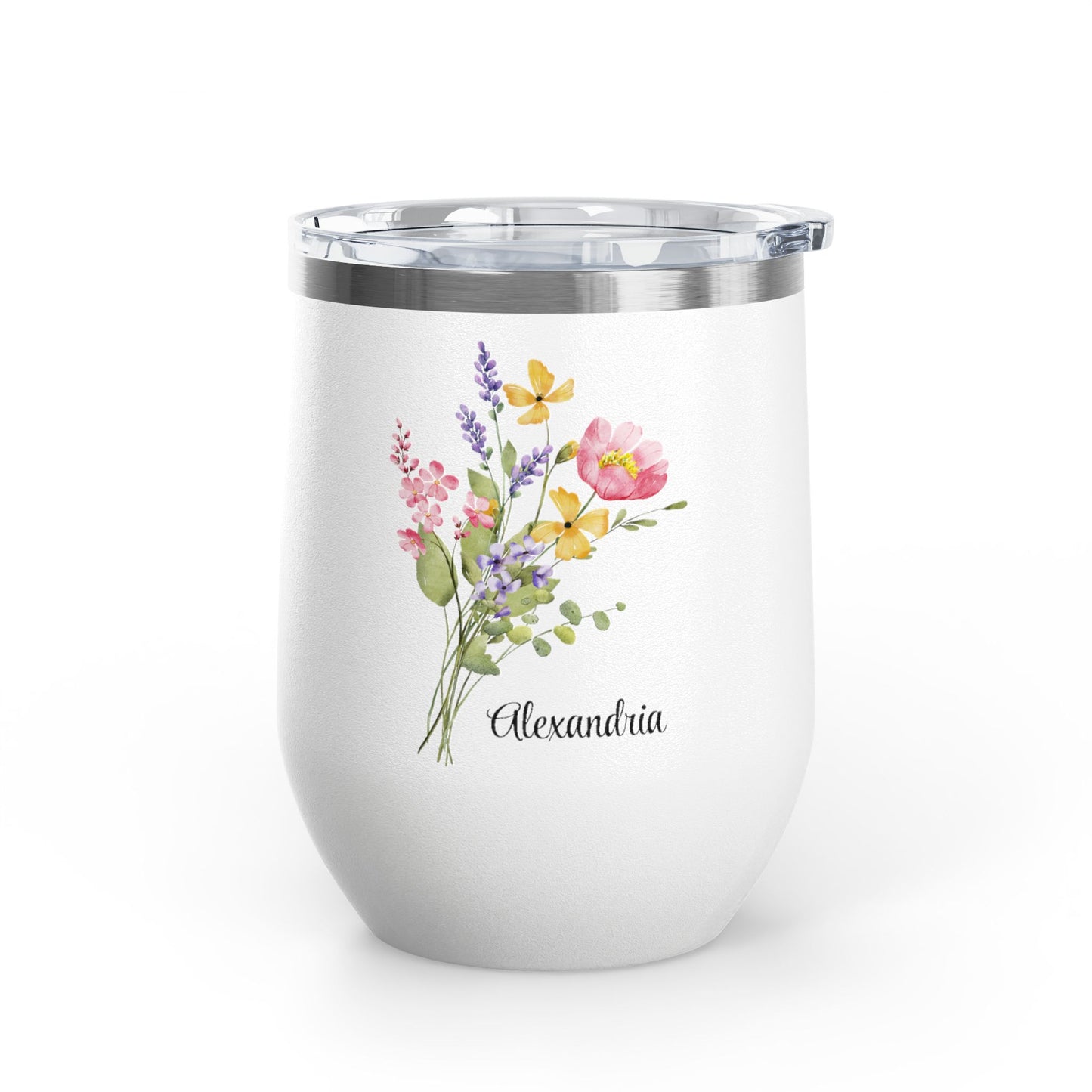 Personalized Floral Wine Tumbler - 12oz Insulated Stemless Cup (Custom Name) - Flourish Love Shop