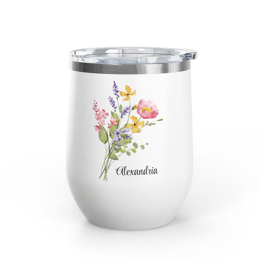 Personalized Floral Wine Tumbler - 12oz Insulated Stemless Cup (Custom Name) - Flourish Love Shop