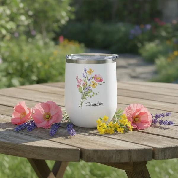 Personalized Floral Wine Tumbler - 12oz Insulated Stemless Cup (Custom Name) - Flourish Love Shop