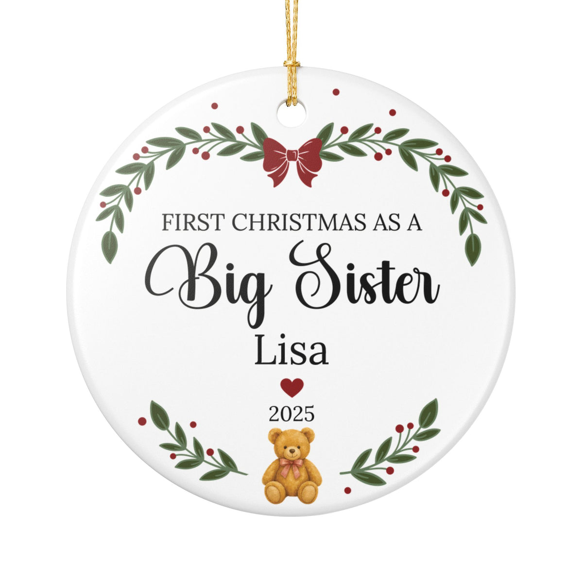 First Christmas as a Big Sister Personalized Ceramic Ornament – Custom Name & Year