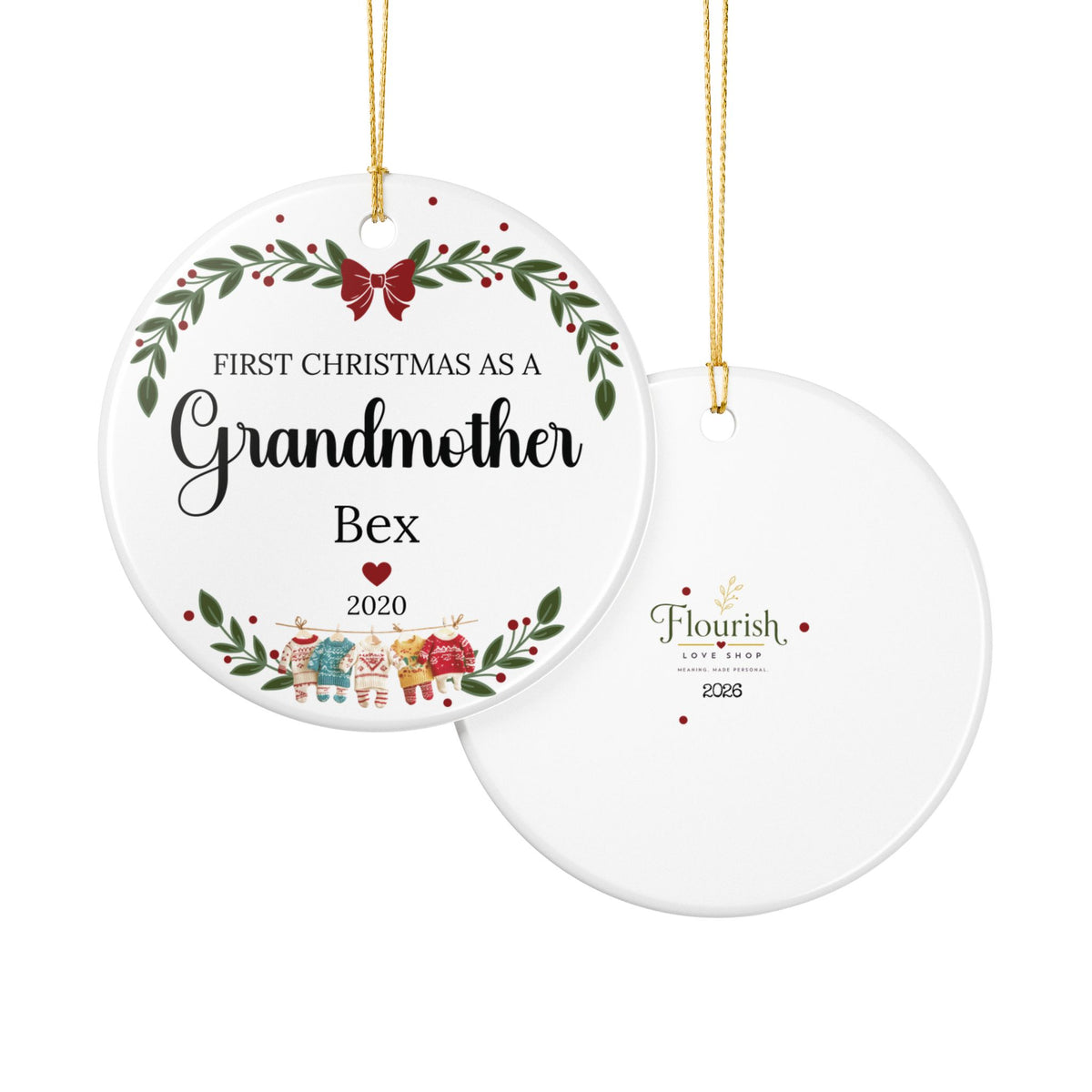 First Christmas as a Grandmother Personalized Ceramic Ornament — Custom Name & Year