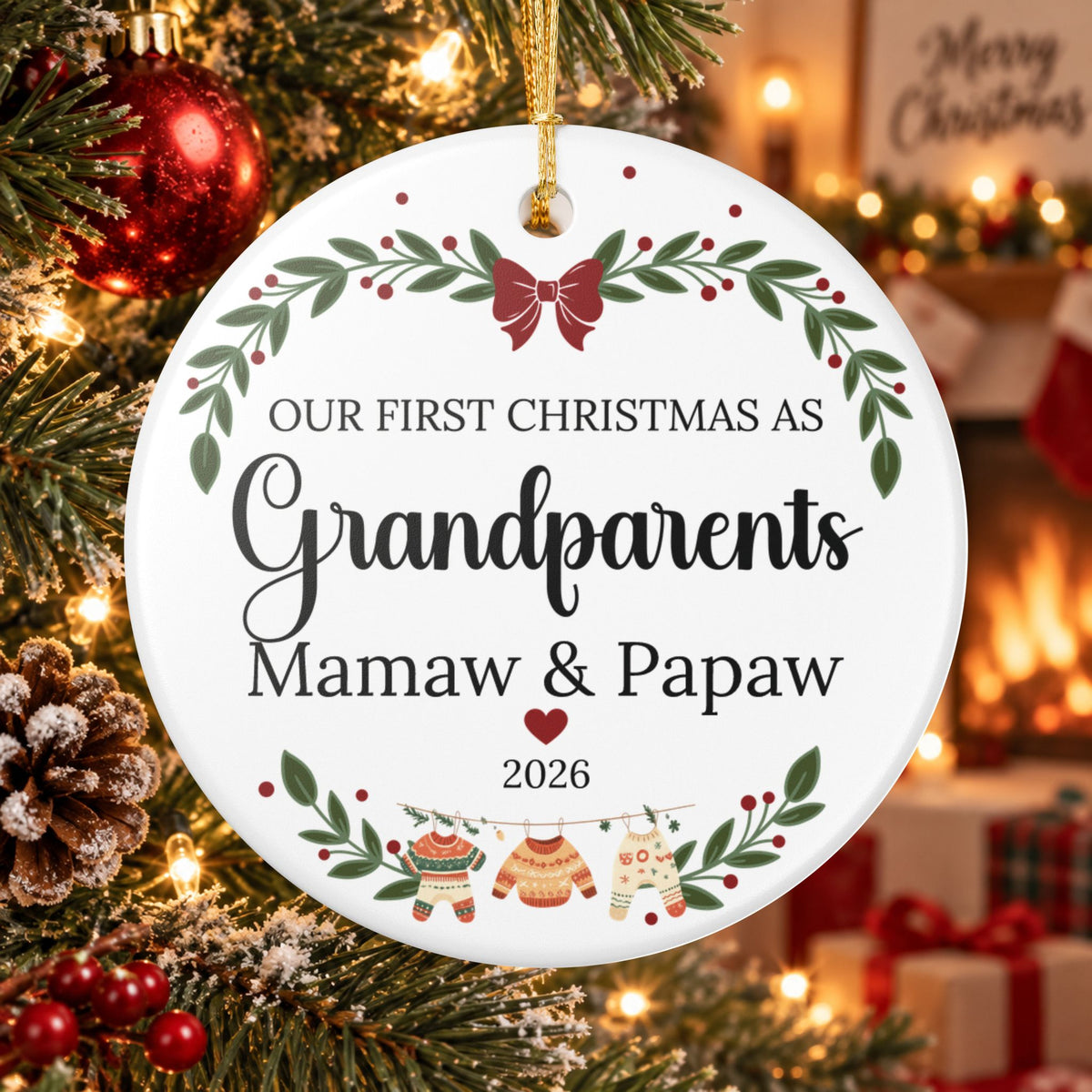 Ceramic Ornament — “Our First Christmas as Grandparents” Mamaw & Papaw 2026
