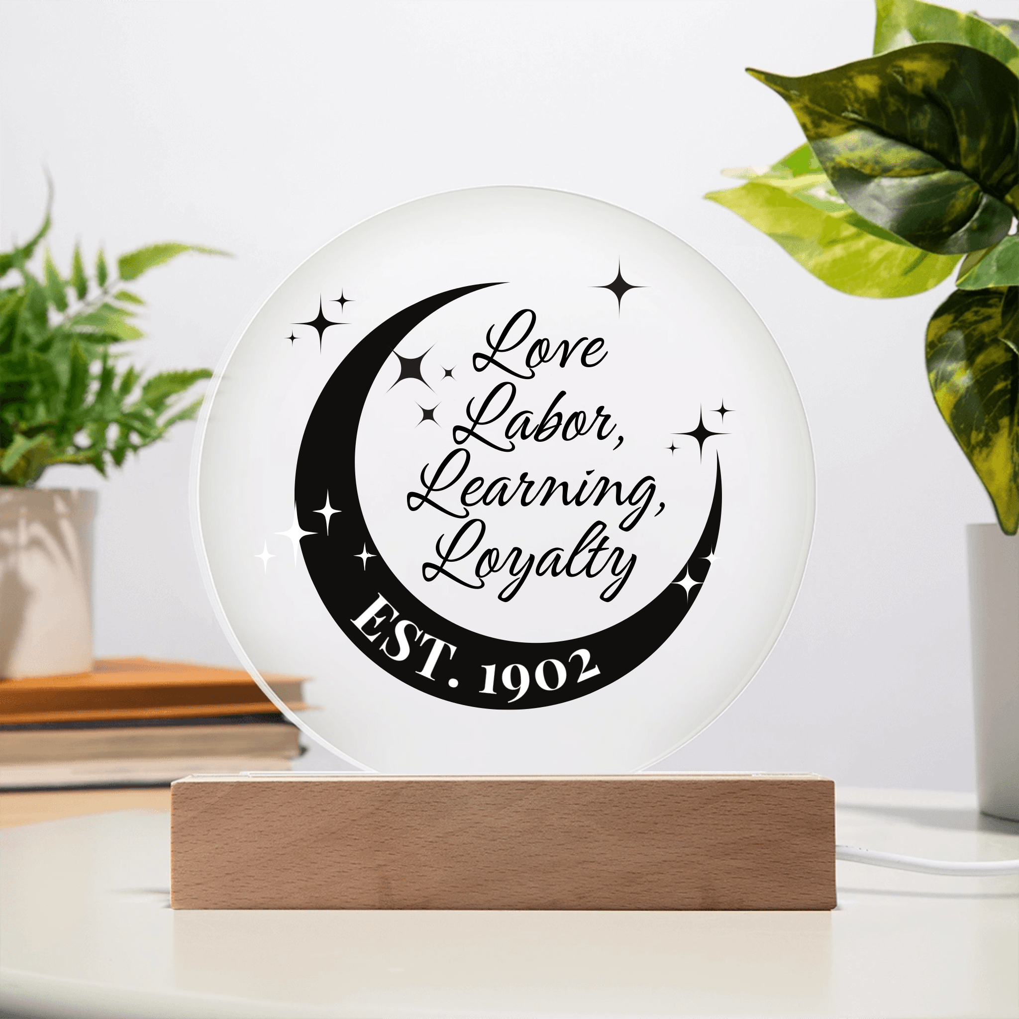 Love, Labor, Learning, Loyalty Sorority Moon Night Light - Personalized - Flourish Love Shop