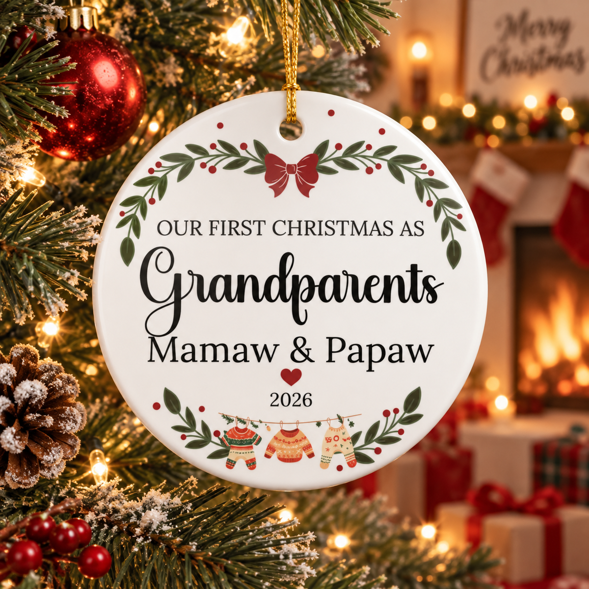 Ceramic Ornament — “Our First Christmas as Grandparents” Mamaw & Papaw 2026