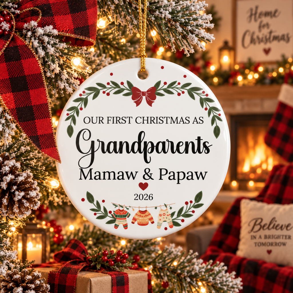 Ceramic Ornament — “Our First Christmas as Grandparents” Mamaw & Papaw 2026