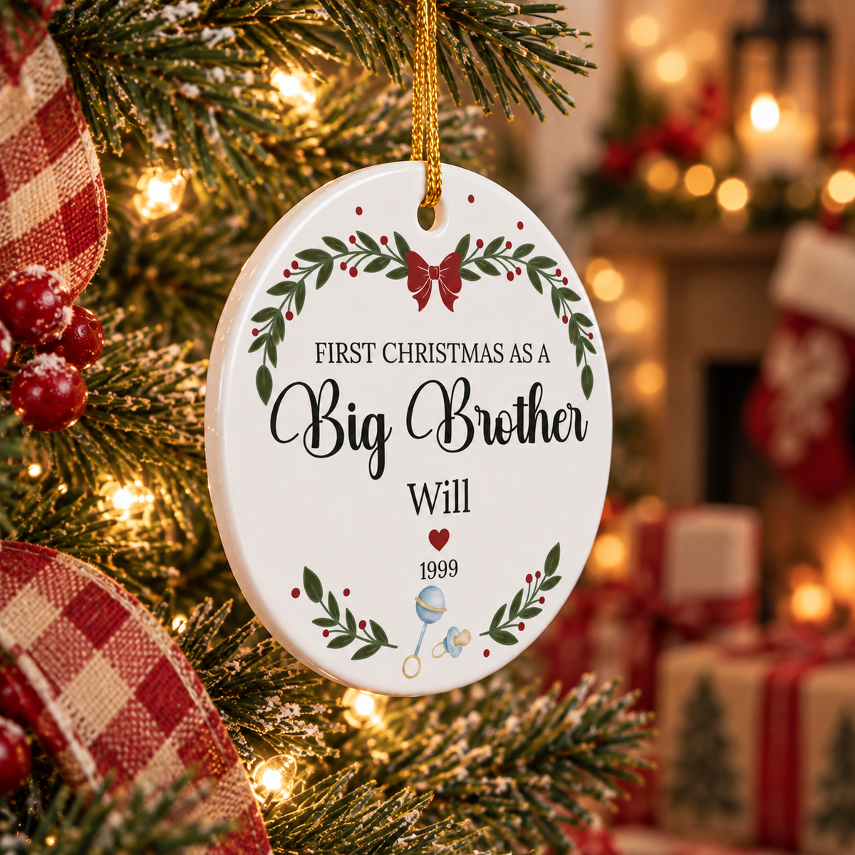 First Christmas as a Big Brother Personalized Ceramic Ornament - Custom Name & Year