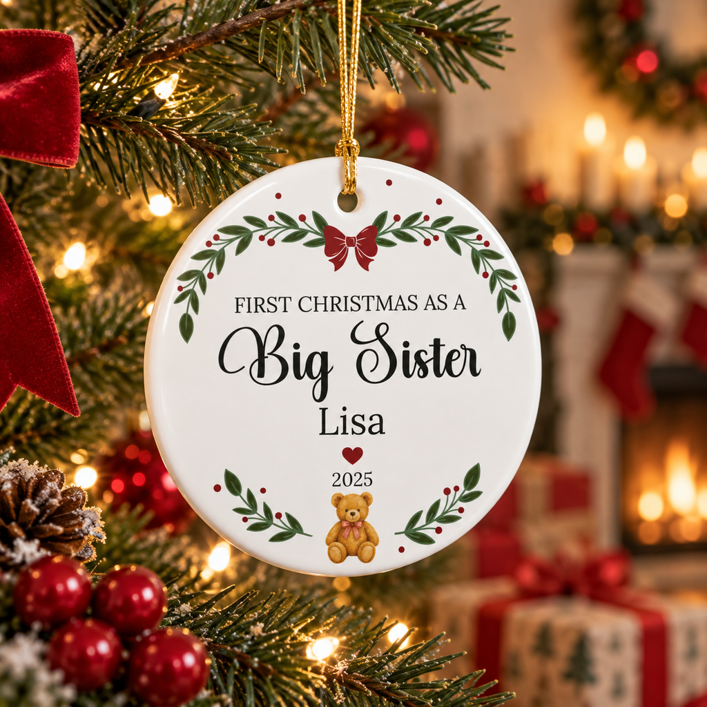 First Christmas as a Big Sister Personalized Ceramic Ornament – Custom Name & Year