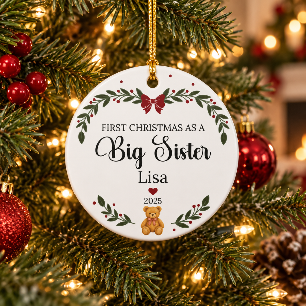 First Christmas as a Big Sister Personalized Ceramic Ornament – Custom Name & Year