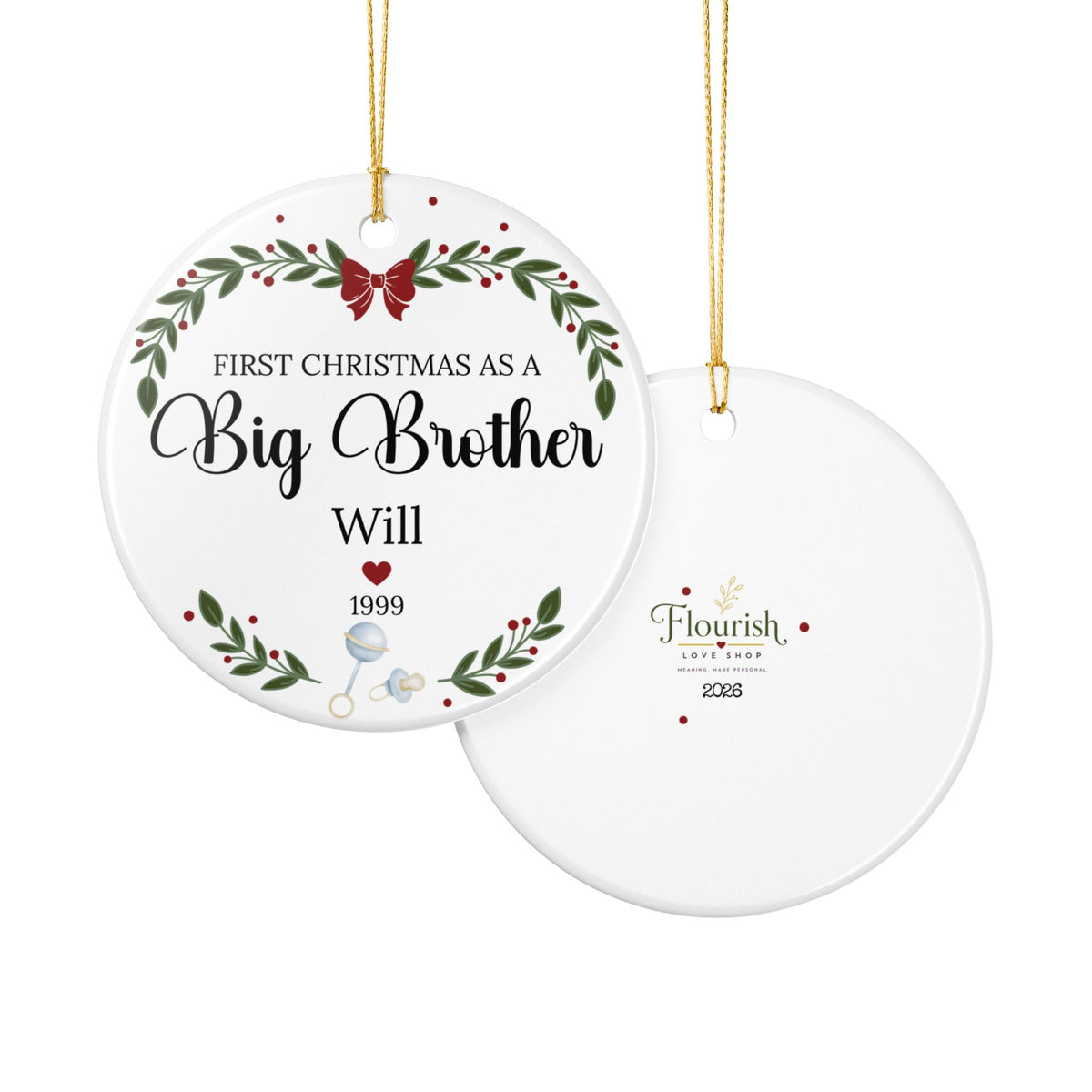 First Christmas as a Big Brother Personalized Ceramic Ornament - Custom Name & Year
