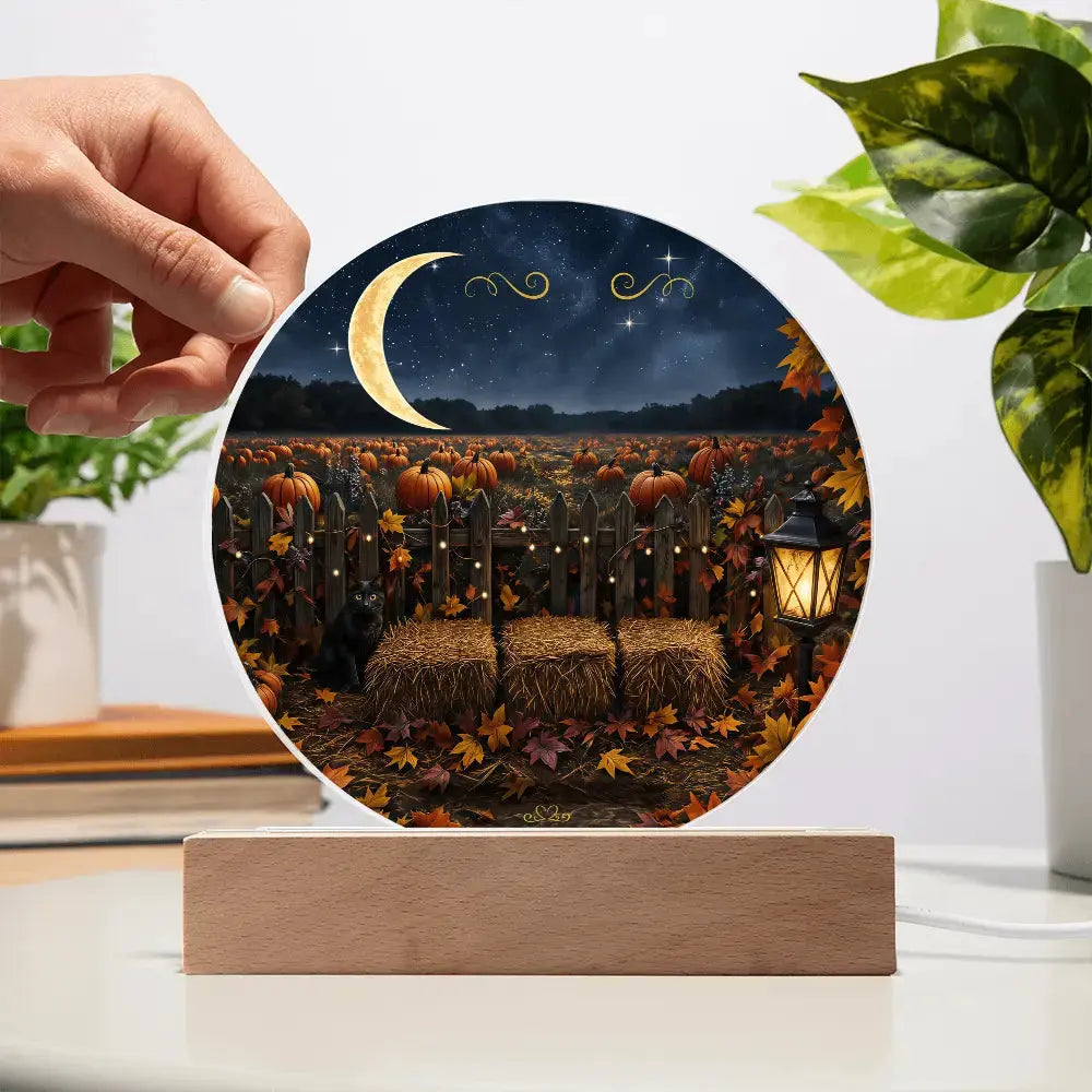 Round acrylic plaque featuring a personalized pumpkin patch, crescent moon, and hay bales on a wooden base.