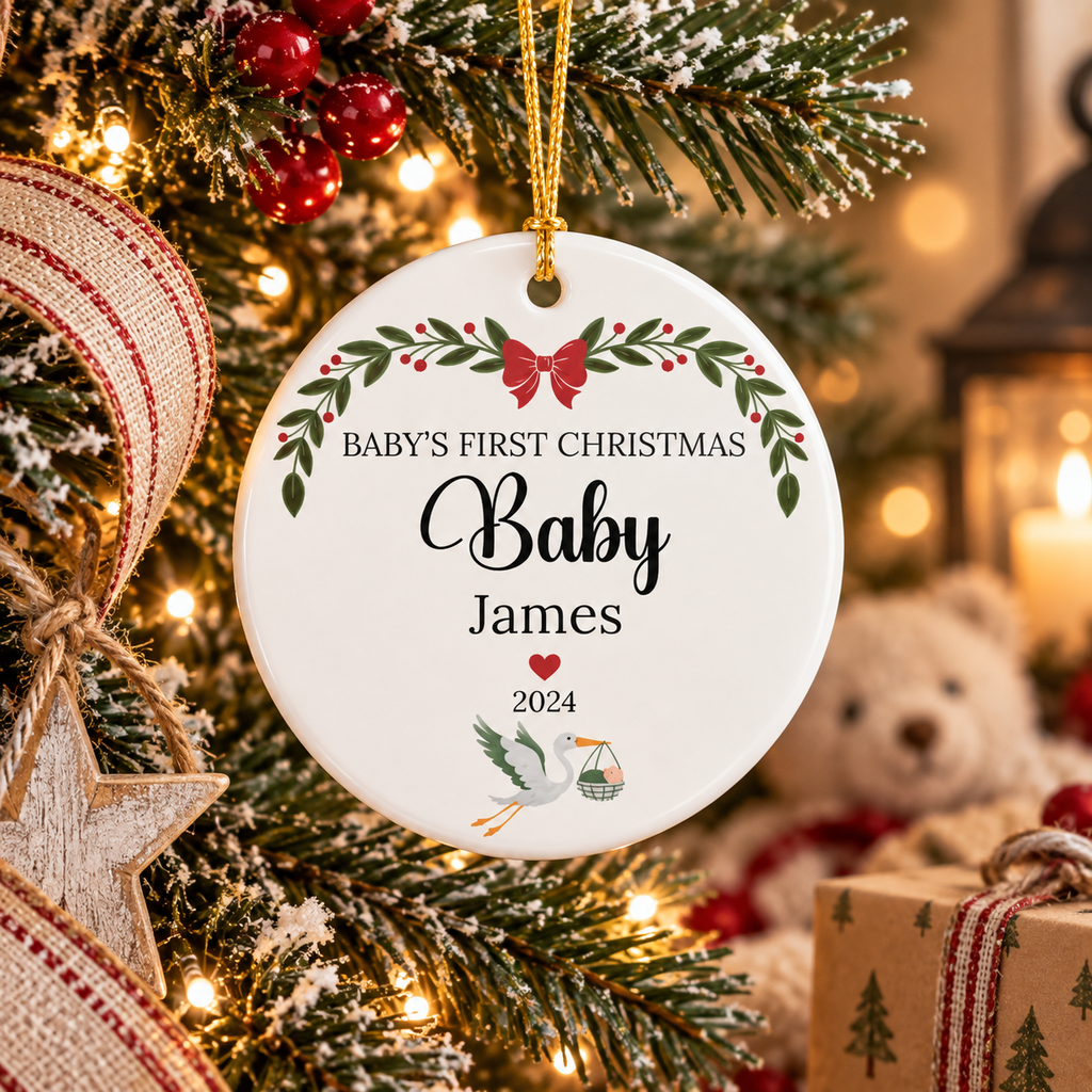 A personalized round white Christmas ornament hanging from a decorated tree branch. The ornament features a gold hanging string and is printed with the text 'BABY'S FIRST CHRISTMAS Baby James 2024' along with a stork and baby carriage illustration.
