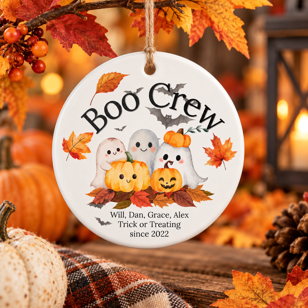 A round white ceramic Halloween ornament hanging from a string, printed with the words 'Boo Crew' and cartoon ghosts, pumpkins, bats, and autumn leaves. Personalized text at the bottom reads 'Will, Dan, Grace, Alex Trick or Treating since 2022.