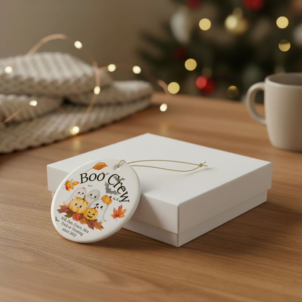 A round white ceramic Halloween ornament with a 'Boo Crew' design, hanging from a gold string next to a white gift box on a wooden table with a blurred Christmas tree and cozy background.
