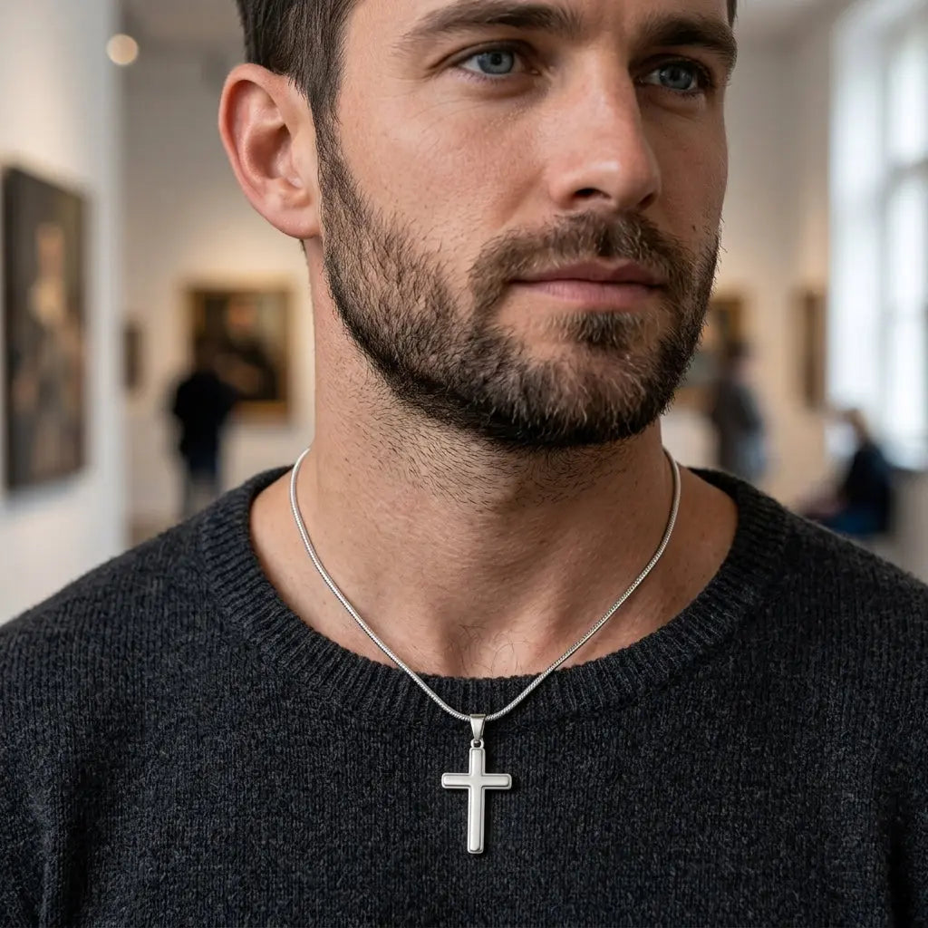 A close-up of a man wearing a silver cross pendant necklace on a dark gray knit sweater, with a softly blurred gallery or hallway background.