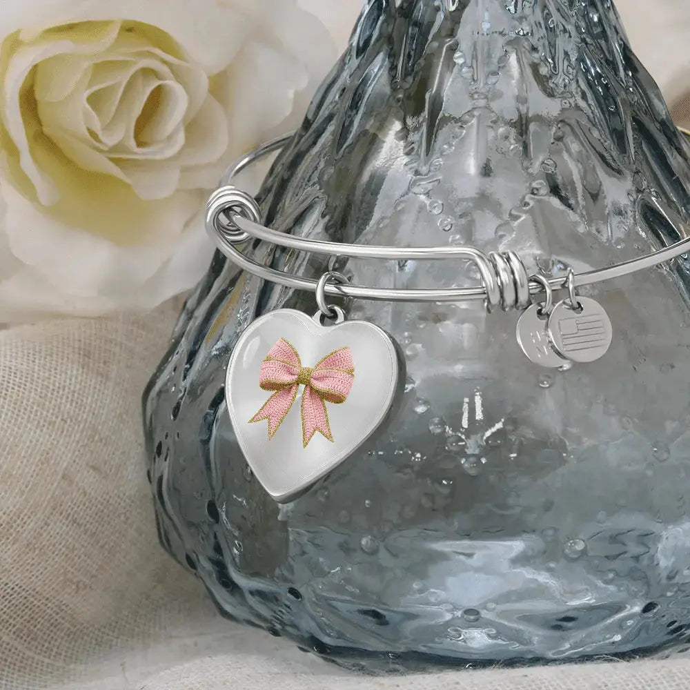 Pink Bow Heart Bracelet – Personalized Engraved Bangle Gift for Her - Flourish Love Shop
