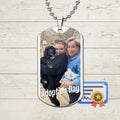 Mother and daughter holding their adopted black dog on Adoption Day, featured on a custom photo dog tag necklace keepsake