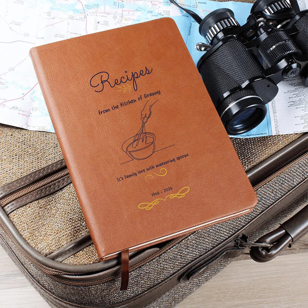 Brown notebook with text on a suitcase with binoculars and map in the background