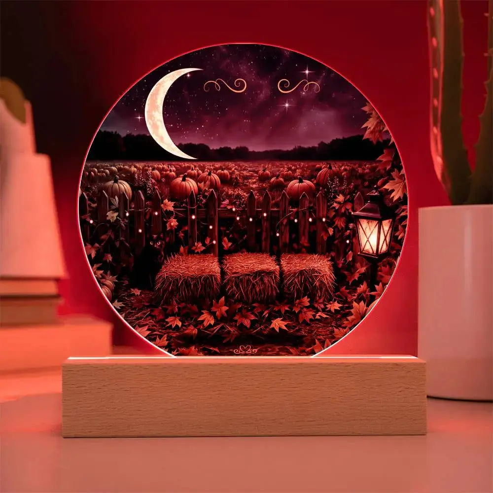 Round acrylic plaque with a glowing pumpkin patch scene, crescent moon, and hay bales on a wooden base.
