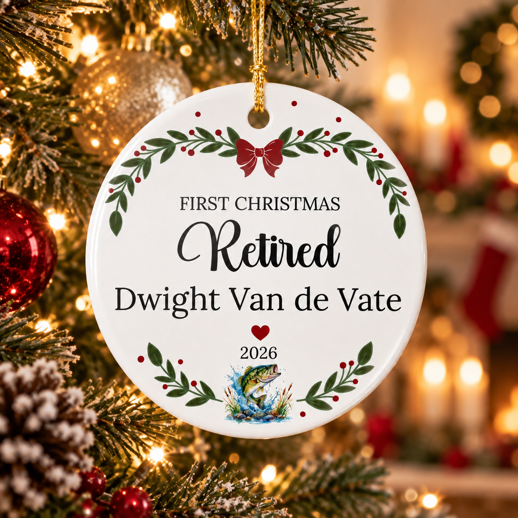 A personalized round Christmas ornament hanging on a decorated Christmas tree. The white ceramic ornament features the text 'FIRST CHRISTMAS Retired Dwight Van de Vate 2026' with green holly leaf borders, a red bow, and a small fish illustration at the bottom.
