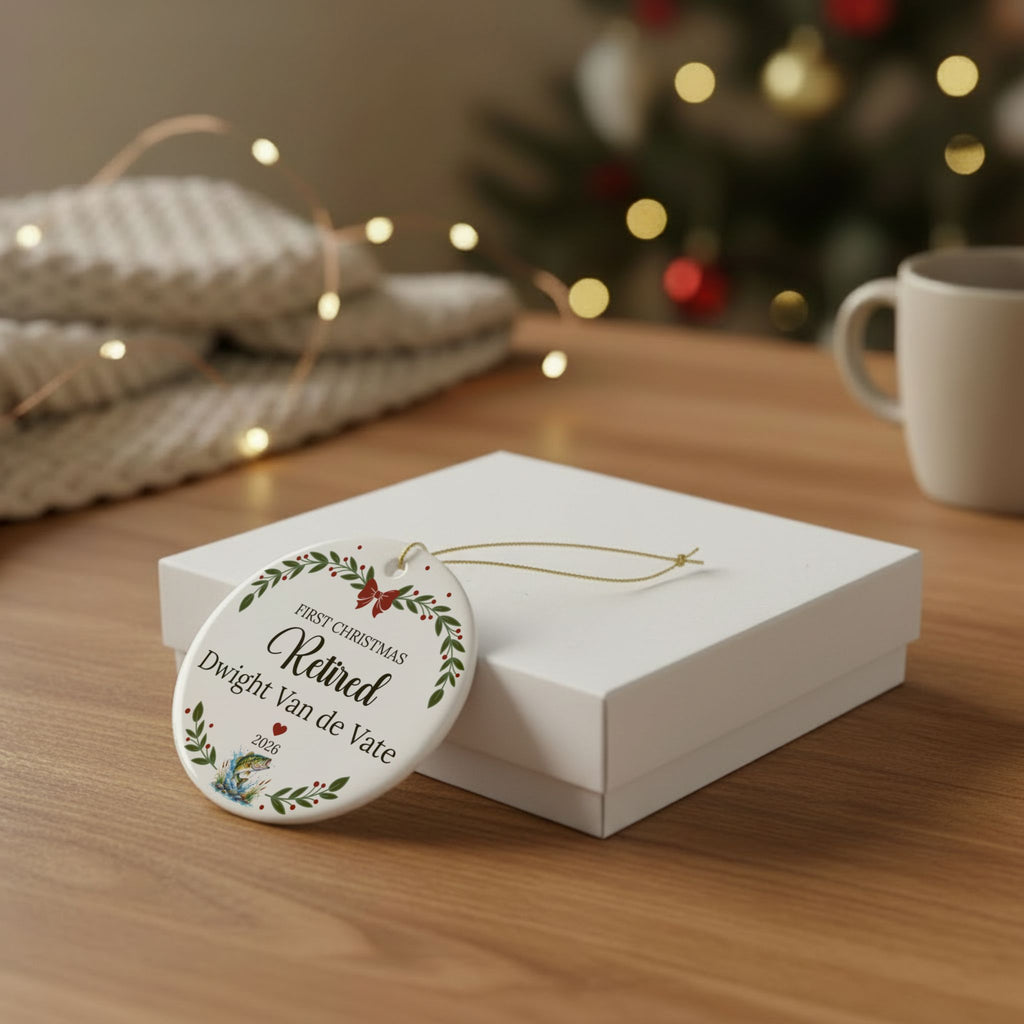 A round Christmas ornament with a colorful pastel border and a pink unicorn illustration hangs from a gold string, resting on a white gift box on a wooden table. The background is softly blurred with warm fairy lights, a knitted blanket, and a mug, creating a cozy holiday atmosphere.