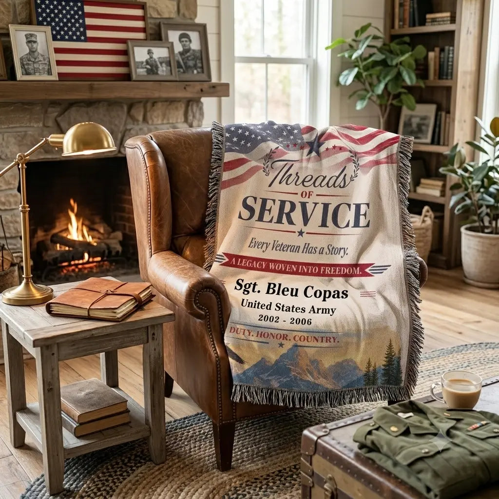 A throw blanket draped over a brown leather armchair in a cozy living room. The blanket has a distressed American flag design with the text 'Threads of Service' and 'Sgt.