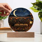 Round acrylic plaque featuring a personalized pumpkin patch, crescent moon, and hay bales on a wooden base.