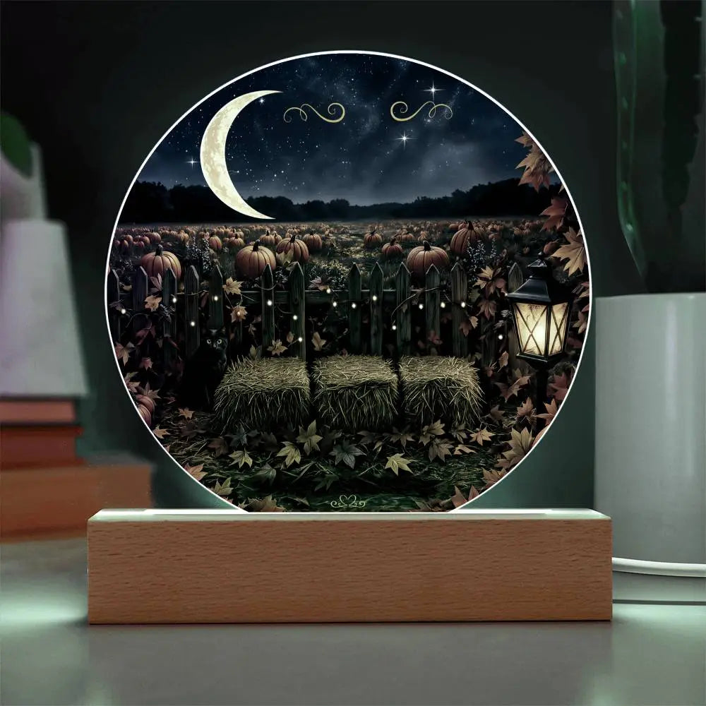 Round acrylic plaque featuring a moonlit pumpkin patch scene on a rectangular wooden base for autumn home decor.